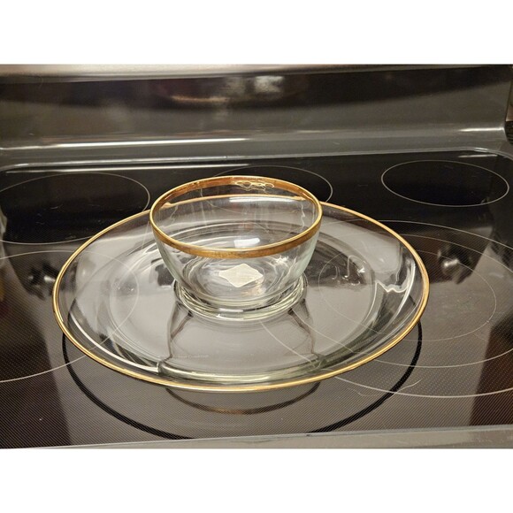 Vintage Toscany Round Serving Tray W/ Dip Bowl 24 Karat Gold Rim Costa D'oro - Picture 1 of 10